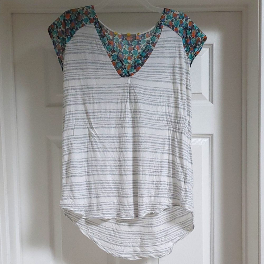 Little Yellow Button For Anthropologie Floral And Stripes Baseball Tee w/ Pleats